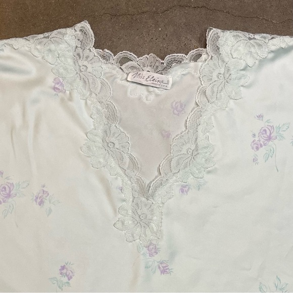 Vintage Miss Elaine Nightgown USA Made Silky Lace Light Blue Floral Sleepwear - Picture 2 of 8